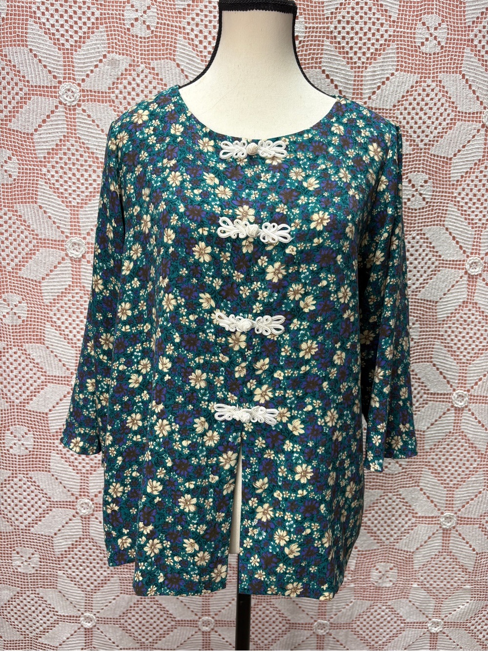 Vintage Floral Frog Closure Detail Blouse Teal Purple Boho Top Sz M/L